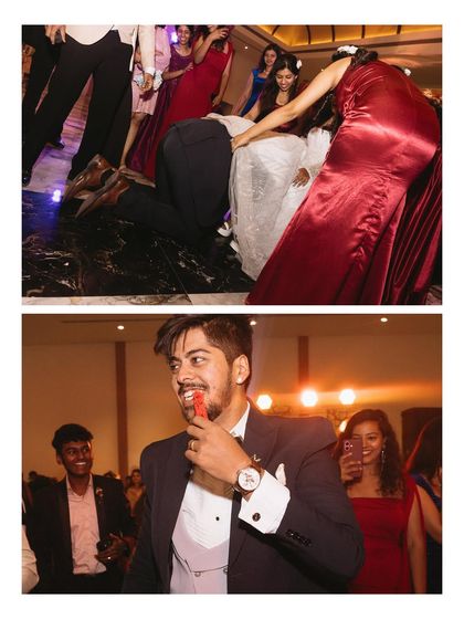 A collage of fun, candid moments from the reception dance floor. It shows the playful, uninhibited side of the celebration, from dancing to enjoying treats.