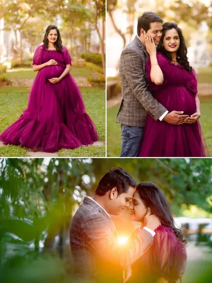 A collage from a garden maternity shoot, featuring the mom-to-be in a stunning magenta gown. I use natural light and romantic poses to create these beautiful images.
