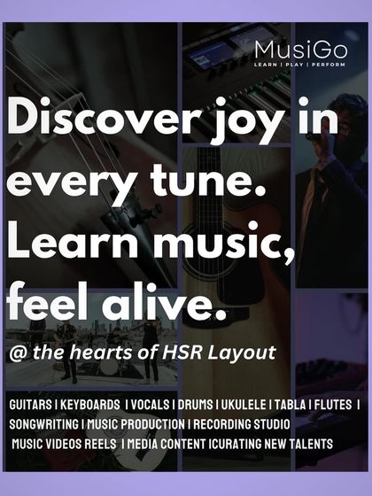 A collage showcasing the variety of musical experiences we offer, from instruments and vocals to music production and recording.