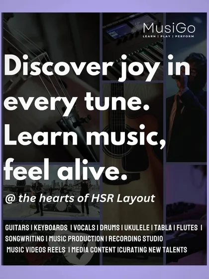This graphic showcases the wide range of services we offer at our HSR Layout location, from instrument lessons like guitar and tabla to music production and songwriting.