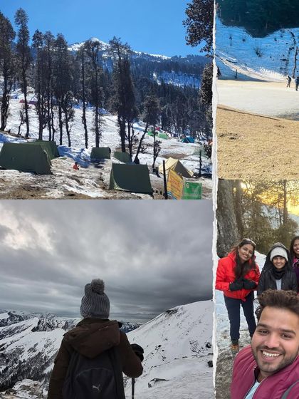 A collage showing the varied experiences of the Kedarkantha trek, from camping in the snow to the breathtaking 360 degree views from the summit.