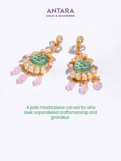 A jade masterpiece carved for those who seek unparalleled craftsmanship and grandeur. These earrings feature carved green aventurine, pink morganite drops, and delicate enamel work.