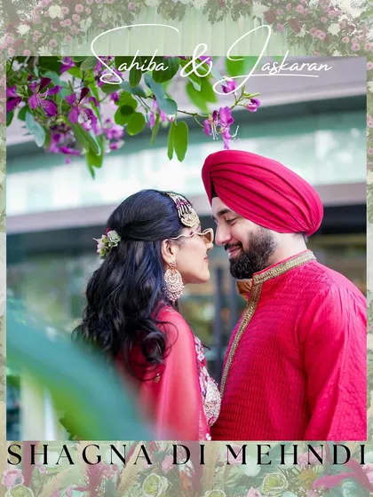 A close-up, intimate moment from a "Shagna di Mehndi." The couple's near-kiss and joyful expressions tell a story of love and celebration.