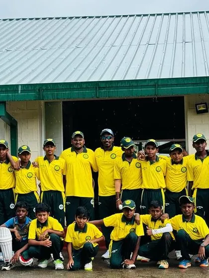 Our U-16 team with the local Sri Lankan team during our international tour. These matches provide invaluable cultural and cricketing experience.