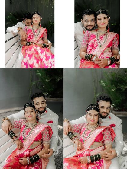 A collage of a couple posing on a white bench. The mix of color and black-and-white photos highlights the beautiful light and shadows at our venue.