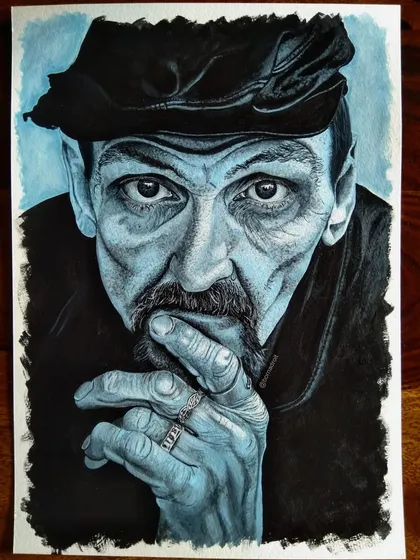 This is a throwback to a portrait I did in 2019. It's an acrylic painting on watercolour paper where I experimented with a monochrome blue palette to create a moody and intense atmosphere.