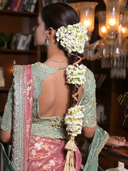 A beautiful South Indian bridal look featuring a jasmine gajara braid. The hairstyle is woven with fresh flowers, creating a fragrant and visually stunning look that is deeply rooted in tradition.