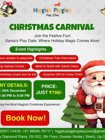 Our Christmas Carnival flyer with all the details: playzone access, games, a meet-and-greet with Santa, and a surprise gift for every child.