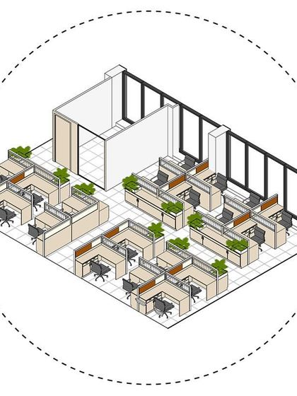 An axonometric drawing detailing the workstation layout for 'The Office with A View'. This plan shows the arrangement of cubicles and circulation paths, demonstrating our focus on maximizing space and creating an efficient workflow.