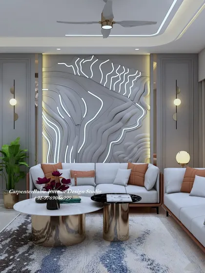 A closer look at the custom 3D wall art with integrated lighting. This kind of statement piece can completely transform the character of a living room.