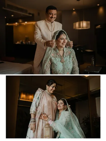 The beauty of tradition and family love. Capturing the quiet, intimate moments of parents blessing their daughter before the ceremony is a privilege and a core part of our storytelling.