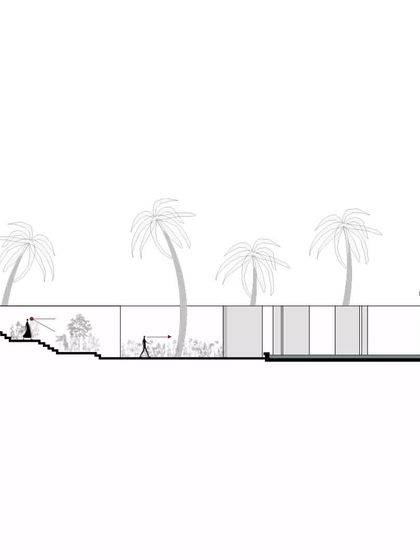 A sectional diagram of the Akriti Experience Centre, showing how the design works with the existing landscape and topography.