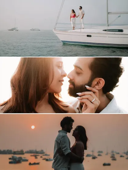 A collection of moments from Anushka and Himanshu's sunset shoot in Mumbai. From their time on a yacht to silhouettes against the evening sky, it shows the variety we can capture in a single golden hour session.