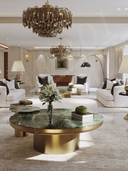 A panoramic view of a grand living room, showcasing multiple seating areas designed for large gatherings. The curved sofas, statement chandeliers, and gallery wall create a space of unparalleled luxury.