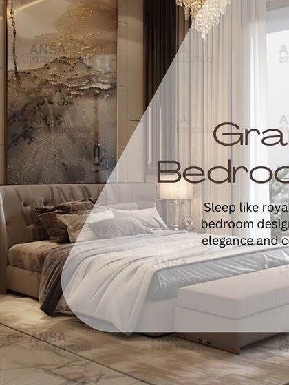 A grand bedroom designed for elegance and comfort. The large window lets in plenty of natural light, while the luxurious bedding and abstract art create a sophisticated and restful environment.