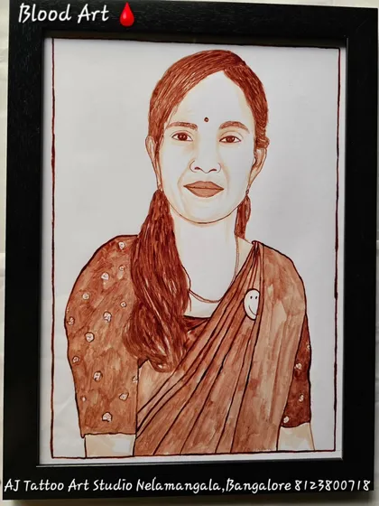 A gentle and warm portrait of a woman, painted with blood. The artist's skill is evident in the soft shading and the accurate capture of her expression.