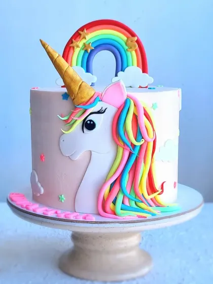 A slightly different angle of the unicorn and rainbow cake.