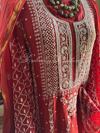 A close-up of the yoke, offering a clear look at the floral and geometric patterns created with expert Chikankari and embellishments.