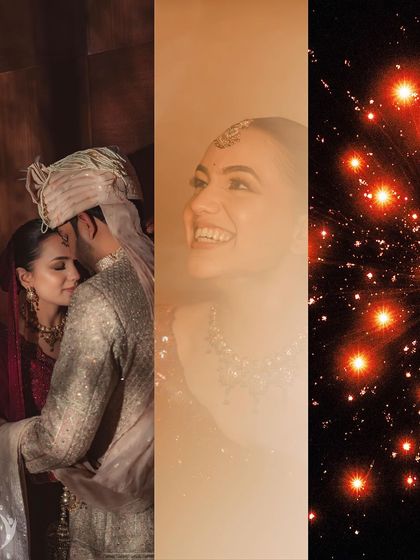 A collage of beautiful moments: the couple's embrace, a happy smile, and the celebratory fireworks.