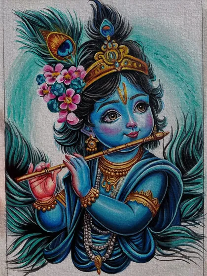 The full view of my Bal Gopal painting, showing the soft background and the vibrant details of his peacock feather and flowers.