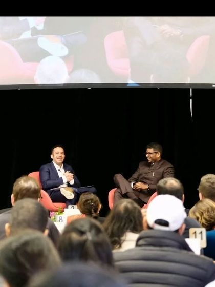 A candid moment during a fireside chat at the Stanford India Dialogue. These in-depth conversations allow for a nuanced exploration of complex civilizational narratives.