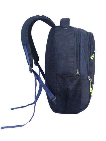 A side profile of a navy blue backpack, showing its depth and side pockets.