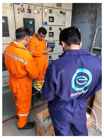 Our engineers are seen here preparing to convert a diesel generator to a natural gas hybrid system. This fuel switching process is a key service that reduces CO2 emissions by 40 percent and NOx by 90 percent, demonstrating our hands on approach to achieving sustainability goals.