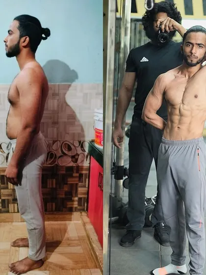 A side-profile comparison of Vikas's 100-day fat-to-muscular journey. This angle highlights the improved posture and dramatic reduction in abdominal fat.