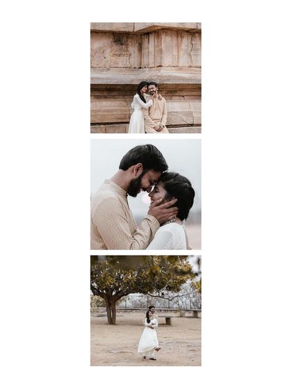 A vertical collage of a couple's pre-wedding shoot at Melkote temple, capturing their intimate connection.
