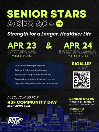 Announcing our free Senior Stars workshop for ages 60+. This poster details our program, which includes joint-friendly strength sessions, balance training, and mobility drills, all designed to help seniors move better and live healthier.
