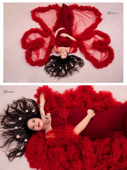 A collage showcasing two beautiful poses from an indoor session in a red ruffled gown.