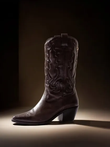 A classic studio shot of a single cowboy boot. The strong key light carves out the boot's shape and texture, emphasizing its iconic design in a clean and powerful way.