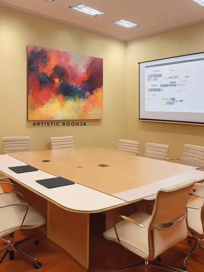 A mockup showing how a vibrant abstract canvas painting can energize a corporate conference room, adding color and creativity to a professional setting.