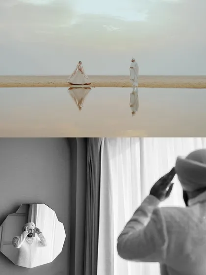 A collage of our award-nominated photos, showcasing our artistic beach portraits and timeless black and white getting ready shots.