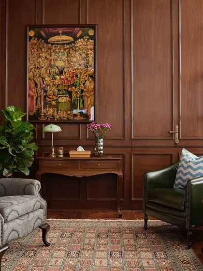 This intimate, wood-paneled study at the Maddock office was designed as a quiet retreat for reflection and focused conversation. The deep wood tones, classic leather armchairs, and vintage Ram Durbar painting create a sense of tradition and calm, proving that even within a bustling office, you can carve out spaces that feel soulful and secluded.