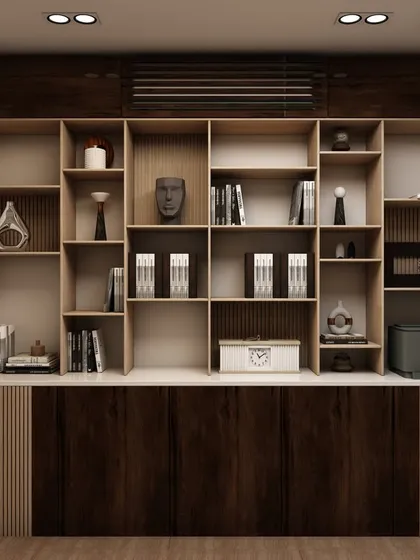 This office design features a large, custom-built shelving unit that provides ample storage for files and books, combined with a dark wood finish for a sophisticated look.