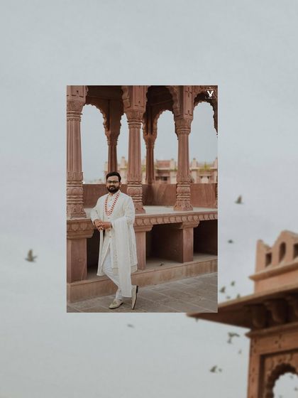 An artistic collage showing the groom at a Jodhpur palace. The composition plays with architecture and perspective, with flying birds adding a touch of magic to the scene.