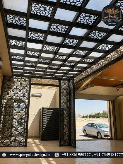 This project showcases a complete entrance solution. The carport roof uses decorative laser-cut panels with backlighting, and we extended the design to the main gate and privacy screens. This creates a cohesive and grand entrance that is both secure and visually stunning.