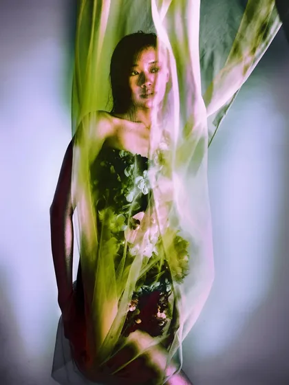 The model is partially obscured by a translucent veil of fabric, creating a mysterious and ethereal mood. The soft, diffused lighting enhances the dreamlike quality of the scene.