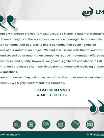 Architect Favas Muhammed of Atmof Architect shares his experience on a large-scale warehouse project for ABC Group. He highlights our competitive pricing, quality, and helpful customer service for installing 16 automatic shutters.