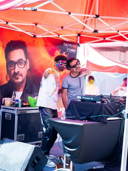 Taking a selfie with the legendary DJ Suketu during a Holi festival. He's been a huge inspiration to me in the Bollywood remix scene.