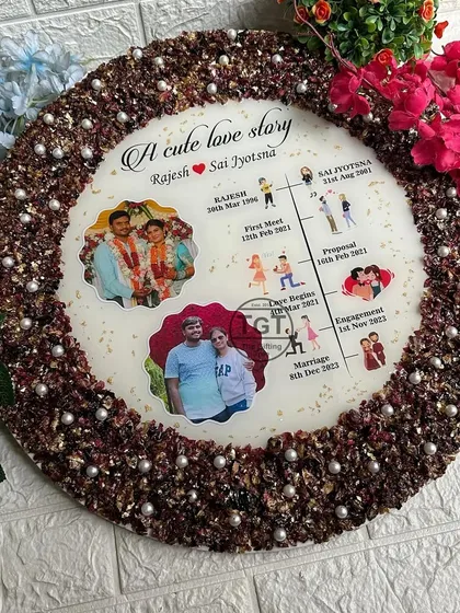 Tell your entire love story with our custom timeline frame. This large 19-inch piece maps out key relationship milestones, from the first meeting to the wedding day, complete with dates and illustrations. The border is made from preserved engagement flowers, making it a truly personal gift.