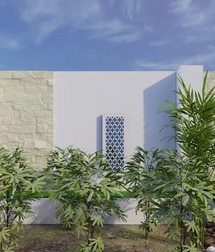 Another angle of the backyard planter box redesign. This render shows how we used wall cladding and decorative screens to add interest to the walls behind the plants.