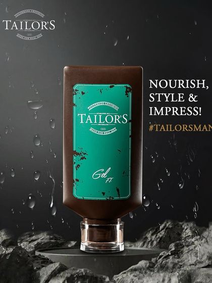 A promotional image for Tailor's Hair Gel, designed to nourish, style, and impress.