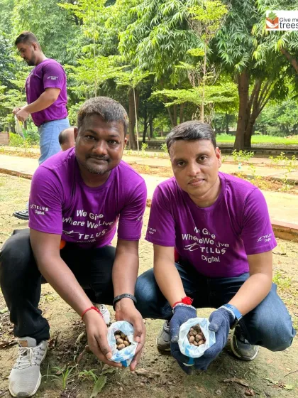 Two volunteers proudly displaying the seeds they collected. These small seeds hold the potential for a future forest.
