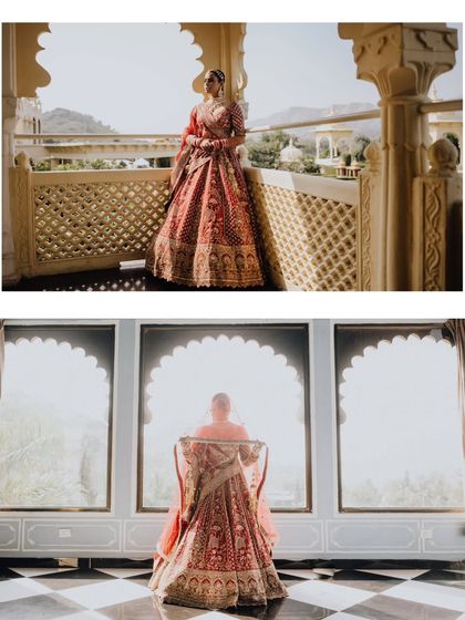 A collage of the bride in two different settings: one on a majestic balcony and another silhouetted against arched windows, showing her in moments of grandeur and quiet contemplation.
