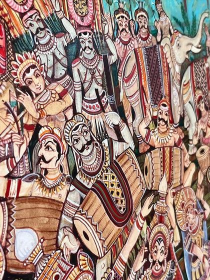 Our completed folk Mysore painting beautifully integrates elements from Janapada, Hampi, and Mysore culture. We’re delighted it has become a part of the decor at Kutumba Kitchen.