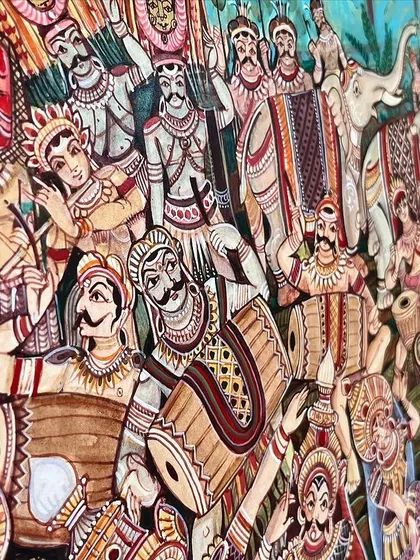 Our completed folk Mysore painting beautifully integrates elements from Janapada, Hampi, and Mysore culture. We’re delighted it has become a part of the decor at Kutumba Kitchen.