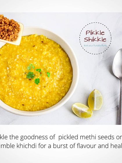 A healthy tip from my kitchen. Sprinkling some of my Methi Dana (fenugreek seed) pickle on khichdi adds a burst of flavour and is great for digestion.