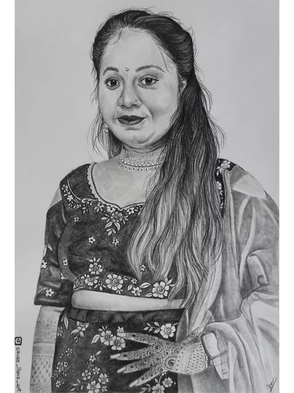 A full-length A3 pencil sketch of a woman in a beautiful lehenga. The drawing captures the floral patterns of her outfit and the henna on her hand.